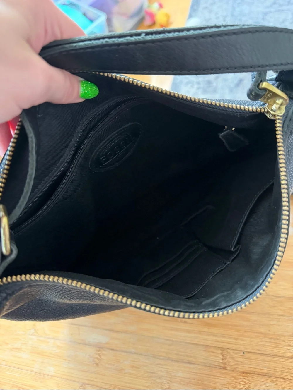 Fossil Black Leather Crossbody Bag with Gold Zippers